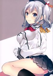 Rule 34 | 1girl, absurdres, beret, black socks, blush, breasts, buttons, epaulettes, frilled sleeves, frills, gloves, grey eyes, hat, highres, huge filesize, interlocked fingers, jacket, kantai collection, kashima (kancolle), kerchief, medium breasts, military, military uniform, miniskirt, neckerchief, own hands together, pleated skirt, scan, shiomizu (swat), silver hair, simple background, sitting, skirt, smile, socks, solo, twintails, uniform, wavy hair, white gloves