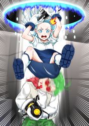 Rule 34 | 1boy, 1girl, ^^^, antenna hair, aperture science handheld portal device, aqua eyes, aqua ribbon, arms up, beige jacket, blood, blood from mouth, blue footwear, blue hair, blue skirt, blush, boots, commentary request, daimonji ryugon, emphasis lines, falling, floating hair, glasses, gloves, green hair, green pants, haneuzu miuneru, highres, holding, jersey, long sleeves, motion blur, neck ribbon, open mouth, oversized gloves, pants, portal, portal (object), portal (series), portal 2, red-framed eyewear, red-tinted eyewear, red scarf, ribbon, ringed eyes, scarf, shirt, skirt, sleeveless, sleeveless jacket, smear frame, sunglasses, surprised, teeth, tinted eyewear, upper teeth only, v-shaped eyebrows, virtual youtuber, voms, white footwear, white gloves, white hair, white shirt, yumbotsugaruno