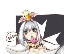 Rule 34 | 1girl, animal, animal on head, armor, bird, bird on head, blush, blush stickers, breasts, chinese commentary, cleavage, closed mouth, commentary request, earrings, expressionless, eyes visible through hair, fumiao, genetic (ragnarok online), glove in mouth, gloves, green eyes, hair between eyes, hair intakes, heart, jewelry, long hair, looking to the side, mouth hold, on head, pauldrons, pink gloves, ragnarok online, shoulder armor, solo, teeth, upper body, white hair