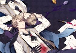 Rule 34 | 2boys, ascot, black ascot, black background, black gloves, blonde hair, blood, blood on clothes, blood splatter, bloody weapon, blue jacket, brooch, collared shirt, cowboy shot, dual persona, fate/grand order, fate (series), glasses, gloves, green eyes, grey vest, grin, hair between eyes, half gloves, hand on another&#039;s face, hand on own stomach, jacket, jacket on shoulders, jekyll and hyde (fate), jewelry, knife, letter, lying, male focus, miyamakoume, multiple boys, on back, open clothes, open collar, open vest, pants, paper, potion, purple pants, red eyes, rotational symmetry, shirt, short hair, sideways glance, smile, spiked hair, spill, suspenders, upper body, vest, vial, weapon, white shirt