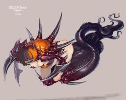 Rule 34 | 1girl, artist name, blizzomos, commentary, corruptor (starcraft), english commentary, floating, flying, full body, hair over eyes, highres, monster girl, personification, sharp teeth, short hair, solo, spikes, starcraft, teeth, tentacles