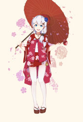 Rule 34 | 1girl, 495-nen no nami, :d, absurdres, bag, beige background, blue eyes, blue flower, candy, candy apple, flower, food, full moon, hair between eyes, hair ornament, handbag, highres, holding, holding food, honkai (series), honkai impact 3rd, japanese clothes, kimono, leggings, looking at viewer, moon, oil-paper umbrella, open mouth, petals, rosary, side ponytail, simple background, smile, solo, standing, teeth, theresa apocalypse, umbrella, white hair, white leggings