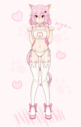 Rule 34 | 10s, 1girl, animal ear legwear, animal ears, bare shoulders, bell, blush, bra, breasts, cat cutout, cat ear legwear, cat ear panties, cat ears, cat lingerie, cat tail, choker, cleavage, cleavage cutout, clothing cutout, full body, guilty crown, hair ornament, hairclip, highres, jingle bell, long hair, looking at viewer, meme attire, naer0, navel, neck bell, panties, paw pose, pink hair, red eyes, ribbon, side-tie panties, small breasts, smile, solo, standing, tail, thighhighs, twintails, underwear, underwear only, white thighhighs, yuzuriha inori