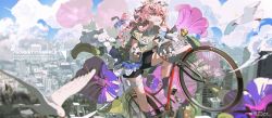 Rule 34 | 1girl, bandaged leg, bandages, bicycle, bird, black shorts, building, city, cloud, cloudy sky, english text, highres, pink hair, shorts, sky, thigh strap, twintails, z3zz4