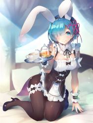 Rule 34 | 10s, 1girl, animal ears, apron, arm at side, bad anatomy, bare shoulders, bed, bed sheet, black bow, black footwear, black ribbon, black skirt, blue eyes, blue hair, blunt bangs, bow, breasts, bridal garter, brown pantyhose, cleavage, closed mouth, collar, cup, deecha, detached collar, detached sleeves, dress, frilled collar, frilled dress, frilled skirt, frills, full body, hair ornament, hair over one eye, hair ribbon, hand up, high heels, highres, holding, holding tray, kneeling, looking at viewer, maid, maid headdress, medium breasts, neck ribbon, on bed, pantyhose, pillow, puffy sleeves, purple ribbon, rabbit ears, re:zero kara hajimeru isekai seikatsu, rem (re:zero), ribbon, shoes, short hair, skirt, sleeveless, smile, solo, sparkle, tray, underbust, waist apron, wrist cuffs, x hair ornament