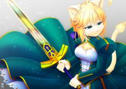 Rule 34 | artist request, artoria pendragon (all), artoria pendragon (fate), blonde hair, cat, cosplay, fate/stay night, fate (series), furry, green eyes, saber (fate), saber (fate) (cosplay), sword, weapon