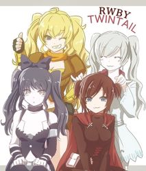Rule 34 | 4girls, alternate hairstyle, black hair, blake belladonna, blonde hair, breasts, brown hair, cleavage, closed eyes, english text, multiple girls, one eye closed, ruby rose, rwby, smile, twintails, weiss schnee, white hair, yang xiao long