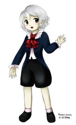 Rule 34 | 1boy, ascot, black footwear, blush stickers, dated, flandre495, frilled sleeves, frills, full body, george washington, hand up, long sleeves, looking at viewer, male focus, open mouth, pants, parody, real life, red eyes, shoes, short hair, signature, silver hair, simple background, smile, solo, style parody, touhou, white background, zun (style)