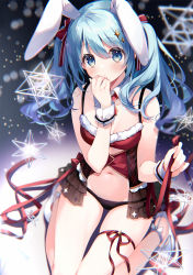 Rule 34 | 1girl, animal ears, blue eyes, blue hair, christmas, closed mouth, hair ornament, hairclip, hand to own mouth, highres, looking at viewer, original, rabbit ears, ribbon, suimya, twintails, underwear, underwear only