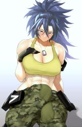 Rule 34 | 1girl, abs, anagumasan, armlet, bare shoulders, blue eyes, blue hair, breasts, camouflage, camouflage pants, cargo pants, cleavage, dog tags, earrings, hand on own chest, highres, ikari warriors, jewelry, large breasts, leona heidern, muscular, muscular female, pants, ponytail, pouch, shy, sitting, sleeveless, snk, solo, tank top, the king of fighters, the king of fighters xiv, the king of fighters xv, triangle earrings, yellow tank top