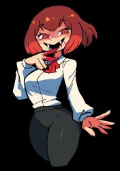 Rule 34 | 1girl, absurdres, arm at side, black background, black nails, black pants, blood, blood on hands, blood splatter, blush stickers, carla carmilla (rariatto), collared shirt, cowboy shot, cropped legs, evil grin, evil smile, fangs, fingernails, grin, hand up, highres, long sleeves, medium hair, nail polish, neck ribbon, open mouth, original, pants, rariatto (ganguri), red eyes, red hair, red ribbon, ribbon, shirt, simple background, slit pupils, smile, solo, vampire, white shirt, wing collar