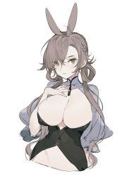 Rule 34 | animal ears, arm at side, arm up, breasts, brown eyes, closed mouth, corset, covered navel, eyes visible through hair, fake animal ears, hand up, highres, large breasts, light brown hair, looking at viewer, nontraditional playboy bunny, rabbit, shawl, toned, upper body, white shawl, yoimon