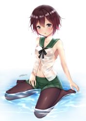 Rule 34 | 10s, 1girl, :o, bare arms, bare shoulders, black pantyhose, black ribbon, blush, breasts, brown eyes, covered erect nipples, full body, green skirt, hair between eyes, hand on own thigh, kantai collection, looking at another, looking at viewer, miniskirt, mutsuki (kancolle), navel, nipples, no bra, open mouth, pantyhose, partially submerged, pleated skirt, puririn, purple hair, red hair, ribbon, school uniform, see-through, serafuku, shirt, short hair, simple background, sitting, skirt, sleeveless, sleeveless shirt, small breasts, solo, spread legs, stomach, thighs, twitter username, wariza, water, water drop, wet, wet clothes, white shirt