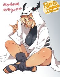 Rule 34 | 1girl, agawa ryou, artist name, bad id, bad tumblr id, blonde hair, blush, borrowed character, breasts, commentary request, gradient background, grey background, grin, hood, indian style, large breasts, long hair, original, signature, sitting, smile, solo, thighs, toes, twitter username, white background