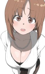 Rule 34 | 1girl, blush, breasts, brown eyes, cleavage, girls und panzer, henyaan (oreizm), highres, jewelry, large breasts, light brown hair, looking at viewer, necklace, nishizumi miho, open mouth, pantyhose, pearl necklace, pencil skirt, round teeth, shirt, simple background, skirt, teacher, teeth, white background, white shirt