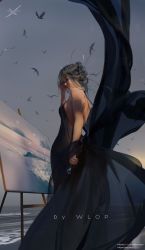Rule 34 | 1girl, artist name, backless dress, backless outfit, bare shoulders, bird, black dress, breasts, dress, evening gown, ghostblade, grey hair, highres, jewelry, necklace, ocean, painting (object), princess yan, scar, scar on back, sideboob, solo, standing, tiara, water, waves, wlop