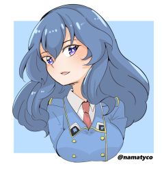 Rule 34 | 1girl, blue background, blue eyes, blue hair, blue jacket, commentary, cropped torso, dress shirt, eclair (girls und panzer), epaulettes, girls und panzer, girls und panzer saishuushou, head tilt, highres, jacket, long hair, maginot military uniform, military, military uniform, namatyoco, necktie, one-hour drawing challenge, open mouth, outside border, portrait, red necktie, shirt, smile, solo, spade (shape), twitter username, uniform, white shirt, wing collar