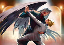 2boys arch black_feathers black_jacket black_suit black_wings blonde_hair blue_eyes blue_shirt blurry blurry_background cloud_strife collared_shirt commentary commission dancing eilinna english_commentary eye_contact feathered_wings feathers feet_out_of_frame final_fantasy final_fantasy_vii flower flower_in_mouth formal_clothes grey_hair highres holding_hands jacket lapels layered_sleeves leaning_back leaning_forward long_hair long_sleeves looking_at_another male_focus multiple_boys outstretched_arm pants profile red_flower red_rose red_shirt rose sconce sephiroth shirt short_hair single_wing spiked_hair suit suit_jacket tango very_long_hair white_jacket white_pants wiings wing_collar wings yaoi