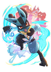 Rule 34 | :d, :o, absurdres, animal focus, aura, black fur, blue fur, body fur, commentary, creatures (company), energy, energy ball, evolutionary line, fighting stance, full body, game freak, gen 4 pokemon, highres, holding, kakashino kakato, leg up, looking at viewer, lucario, mega lucario, mega pokemon, multicolored fur, nintendo, no humans, open mouth, pokemon, pokemon (creature), red eyes, riolu, sharp teeth, simple background, smile, snout, solo, spikes, standing, tail, teeth, v-shaped eyebrows, white background, yellow fur