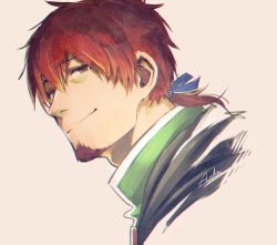Rule 34 | 1boy, asukasuka, brown hair, collar, cropped shoulders, facial hair, fate/grand order, fate (series), goatee, hector (fate), looking at viewer, lowres, male focus, medium hair, ponytail, portrait, simple background, smile, solo