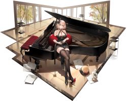 Rule 34 | 1girl, artist request, azur lane, black footwear, blonde hair, bracelet, breasts, brown eyes, cleavage, cup, dress, drinking glass, feather boa, grand piano, hair between eyes, hair ornament, halter dress, halterneck, high heels, highres, holding, holding cup, instrument, jewelry, large breasts, looking at viewer, manjuu (azur lane), medium hair, multicolored hair, multiple rings, official art, parted lips, piano, pumps, red hair, ring, roon (azur lane), roon (viridescent lullaby) (azur lane), shoe dangle, shoes, short dress, sitting, solo, stiletto heels, streaked hair, thighhighs, tight clothes, tight dress, tile floor, tiles, transparent background, two-tone hair, wine glass