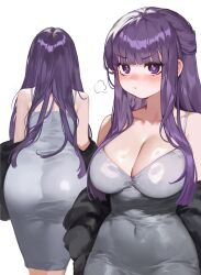 Rule 34 | 1girl, absurdres, ass, bare shoulders, breasts, cleavage, commentary, covered navel, dress, fern (sousou no frieren), foolish potato, grey dress, highres, large breasts, long hair, multiple views, off shoulder, puff of air, purple eyes, purple hair, simple background, sleeveless, sleeveless dress, sousou no frieren, upper body, very long hair, white background
