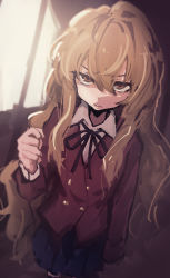 Rule 34 | 1girl, aisaka taiga, artist request, black ribbon, blue skirt, brown eyes, brown hair, buttons, clenched hand, closed mouth, collared shirt, commentary request, double-breasted, eyebrows hidden by hair, hair between eyes, hand up, highres, indoors, jacket, long hair, long sleeves, looking at viewer, neck ribbon, oohashi high school uniform, pleated skirt, red jacket, ribbon, school uniform, shirt, skirt, solo, standing, toradora!, very long hair, white shirt