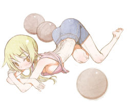 Rule 34 | 1girl, ass, ball, basketball, basketball (object), blonde hair, blush, breasts, female focus, highres, ichii yui, large breasts, long hair, looking at viewer, lying, on stomach, sakuya tsuitachi, shorts, sketch, solo, tank top, twintails, yellow eyes, yuyushiki