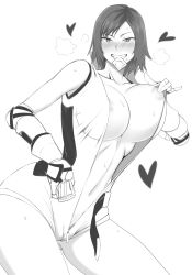 Rule 34 | 1girl, blush, breasts, condom, condom in mouth, condom wrapper, do konjouuo, highres, kazama asuka, large breasts, monochrome, mouth hold, namco, solo, tekken, unzipped