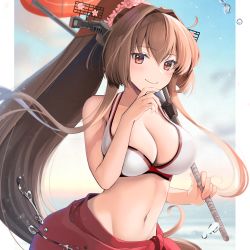 Rule 34 | 1girl, bikini, breasts, brown hair, cherry blossoms, cleavage, cloud, collarbone, commentary, flower, gradient sky, hair flower, hair ornament, headgear, highres, kantai collection, large breasts, long hair, looking at viewer, navel, oil-paper umbrella, ponytail, red eyes, red sarong, red umbrella, sarong, sky, smile, solo, swimsuit, umbrella, white bikini, yamato (kancolle), yunamaro