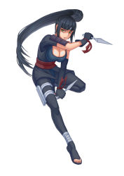Rule 34 | 1girl, armor, black hair, breasts, cleavage, closed mouth, determined, facing viewer, fighting stance, floating hair, forehead protector, full body, gloves, green eyes, hand up, hayate (leaf98k), headband, high ponytail, holding, holding knife, holding kunai, holding weapon, holster, knife, kunai, kunoichi, large breasts, leg holster, leg up, long hair, looking at viewer, naruto, naruto (series), naruto shippuuden, ninja, pants, ponytail, sandals, serious, shirt, shizuka (naruto), solo, weapon