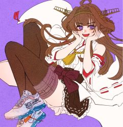 Rule 34 | 1girl, ahoge, alternate footwear, anno88888, brown hair, brown skirt, brown thighhighs, clothes writing, detached sleeves, double bun, frilled skirt, frills, hair bun, headgear, japanese clothes, kantai collection, kongou (kancolle), kongou kai ni (kancolle), long hair, nontraditional miko, open mouth, purple background, purple eyes, ribbon-trimmed sleeves, ribbon trim, shoes, simple background, skirt, sneakers, solo, thighhighs, wide sleeves
