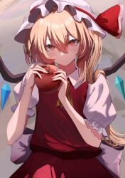 Rule 34 | 1girl, ascot, blonde hair, cowboy shot, crystal, dress, dutch angle, flandre scarlet, food, hat, highres, imblossoms, long hair, looking at viewer, red eyes, red ribbon, ribbon, side ponytail, solo, touhou, yellow ascot