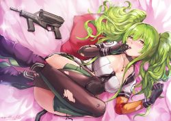 Rule 34 | 1girl, asymmetrical gloves, black footwear, black gloves, black neckerchief, blush, boots, breasts, bullet, calico light weapons systems, calico m950, calico m950a, cheek pistol, cleavage, double-stack magazine, full body, girls&#039; frontline, gloves, green hair, gun, hair between eyes, hand up, handgun, head tilt, helical magazine, high-capacity magazine, high heel boots, high heels, highres, hiroki ree, holding, jewelry, knees up, long hair, looking at viewer, lying, m950a (girls&#039; frontline), machine pistol, medium breasts, messy hair, neckerchief, necklace, on back, open mouth, pistol, shirt, sidelocks, signature, skirt, smile, solo, stubby grip, thighhighs, torn clothes, twintails, two side up, uneven gloves, vertical forward grip, weapon, yellow eyes
