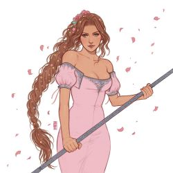 Rule 34 | 1girl, aerith gainsborough, amano yoshitaka design, bare shoulders, braid, braided ponytail, breasts, brown hair, collarbone, dissidia 012 final fantasy, dissidia final fantasy, dress, final fantasy, final fantasy vii, flower, green eyes, hair flower, hair ornament, jen bartel, looking at viewer, official alternate costume, petals, pink dress, rose petals, simple background, smile, solo, staff, standing, wavy hair
