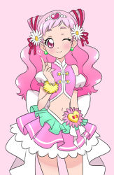 Rule 34 | 10s, 1girl, bow, closed mouth, cone hair bun, cowboy shot, cure yell, double bun, earrings, flower, hair bun, hair flower, hair ornament, hair ribbon, hugtto! precure, jewelry, layered skirt, long hair, looking at viewer, magical girl, navel, nono hana, one eye closed, pink background, pink eyes, pink hair, pink skirt, pink theme, precure, red ribbon, ribbon, simple background, skirt, smile, solo, venuscho, white bow, wrist cuffs