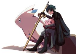 Rule 34 | 1boy, ahoge, armor, black footwear, boots, byleth (fire emblem), byleth (male) (fire emblem), cape, closed mouth, commentary request, creatures (company), crossover, fire emblem, fire emblem: three houses, game freak, gen 4 pokemon, gloves, green eyes, green hair, highres, kechon-san, kirby, kirby (series), male focus, nintendo, pokemon, pokemon (creature), short hair, sitting, stone, sword, togekiss, weapon, white background