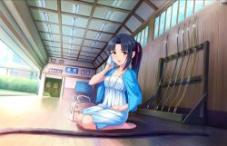 Rule 34 | 10s, 1girl, artist request, bag, barefoot, black hair, dojo, dutch angle, feet, idolmaster, idolmaster cinderella girls, idolmaster cinderella girls starlight stage, jewelry, light smile, mizuno midori, necklace, official art, ponytail, seiza, sitting, solo, wooden floor