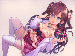 Rule 34 | 10s, 1girl, :3, bad id, bad pixiv id, blue eyes, bow, box, breasts, brown hair, cleavage, commentary request, earrings, fur trim, garter straps, gift, gift box, hair bow, hair ornament, hiyori hamu, ichinose shiki, idolmaster, idolmaster cinderella girls, idolmaster cinderella girls starlight stage, jewelry, lab coat, large breasts, long hair, looking at viewer, navel, necklace, simple background, skirt, smile, solo, thighhighs, two side up, wavy hair, zettai ryouiki