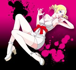 Rule 34 | 1girl, absurdres, blonde hair, blue eyes, breasts, catherine, catherine (game), choker, cleavage, demon girl, drill hair, female focus, full body, gradient background, high heels, highres, lace, lace-trimmed legwear, lace trim, lipstick, looking at viewer, makeup, ribbon, solo, thighhighs, twin drills, twintails, white thighhighs