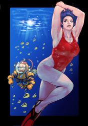 Rule 34 | 1boy, 1girl, abs, absurdres, armpits, beard, cable, caustics, commentary request, diving suit, facial hair, fish, flippers, from below, full body, glasses, highres, muscular, muscular female, one-piece swimsuit, orange hair, original, outdoors, outside border, red one-piece swimsuit, reflection, short hair, smile, swimsuit, thighs, underwater, vigwer
