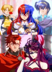 Rule 34 | 1990s (style), 2girls, 3boys, absurdres, alear (female) (fire emblem), alear (fire emblem), alfred (fire emblem), alternate hairstyle, anime coloring, armor, bare shoulders, blonde hair, blue eyes, blue hair, breasts, cape, cleavage, crossed bangs, diamant (fire emblem), dress, elbow gloves, fascinator, fire emblem, fire emblem: mystery of the emblem, fire emblem engage, flower, gloves, green eyes, hair between eyes, hair ornament, heterochromia, highres, holding, holding flower, ivy (fire emblem), jewelry, long hair, looking at viewer, marth (fire emblem), matching hair/eyes, mazarin, medium breasts, mole, mole under mouth, multicolored hair, multiple boys, multiple girls, nintendo, purple eyes, purple hair, red eyes, red flower, red hair, red rose, retro artstyle, rose, short hair, smile, split-color hair, tiara, two-tone hair, very long hair, white gloves