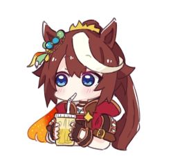 Rule 34 | 1girl, animal ears, bendy straw, black gloves, blue eyes, blush, brown hair, brown jacket, commentary, cropped torso, cup, disposable cup, drinking, drinking straw, fingerless gloves, gloves, hair between eyes, holding, holding cup, honey, horse ears, jacket, long hair, looking away, looking to the side, multicolored hair, nozo (hitomiz), ponytail, puffy short sleeves, puffy sleeves, short sleeves, simple background, solo, streaked hair, symbol-only commentary, tokai teio (beyond the horizon) (umamusume), tokai teio (umamusume), umamusume, upper body, white background, white hair