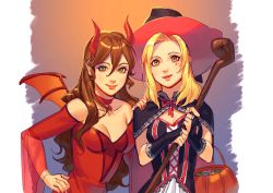 Rule 34 | 2girls, blonde hair, broom, brown hair, cape, demon girl, demon horns, demon tail, demon wings, dress, gloves, halloween, halloween costume, hat, horns, jewelry, long hair, looking at viewer, mella, multiple girls, necklace, octopath traveler, octopath traveler i, ophilia (octopath traveler), primrose azelhart, pumpkin, simple background, smile, staff, tail, wings, witch, witch hat