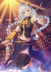 Rule 34 | 1girl, absurdres, ahoge, armband, armpit crease, black shirt, black skirt, black thighhighs, blue eyes, blurry, blurry background, boots, braid, breasts, brooch, concert, cosplay, detached sleeves, feet out of frame, floating hair, gold trim, grey hair, hair ornament, hatyomugi00, highres, jewelry, kizuna akari, knee boots, leg up, light blush, long hair, long skirt, looking at viewer, medium breasts, megurine luka, megurine luka (cosplay), midriff, navel, open mouth, shirt, side slit, single detached sleeve, skin tight, skirt, sleeveless, sleeveless shirt, smile, solo, spotlight, standing, standing on one leg, thighhighs, twin braids, very long hair, vocaloid, voiceroid, yellow footwear, yellow sleeves