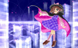 Rule 34 | 1girl, ;), argyle, black cape, black hat, black ribbon, blush stickers, bow, brown eyes, brown footwear, brown hair, building, buttons, cape, closed mouth, crossed legs, facing away, flat chest, floating, full body, hat, hat bow, highres, loafers, long sleeves, looking at viewer, official style, one eye closed, outstretched arm, pink ribbon, pink socks, pleated skirt, popped collar, purple skirt, purple vest, red-framed eyewear, ribbon, semi-rimless eyewear, shirt, shoes, short hair, single hair intake, skirt, skirt set, skyscraper, smile, socks, solo, tareme, text focus, touhou, under-rim eyewear, usami sumireko, vest, watson cross, white bow, white shirt, yuki-ichigo, zun (style)