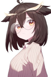 Rule 34 | 1girl, absurdres, ahoge, arknights, beudelb, black hair, blush, closed mouth, collar, from side, highres, light particles, looking at viewer, looking to the side, orange eyes, owl ears, short hair, silence (arknights), simple background, sweater, white background, white sweater, wing collar