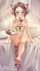 Rule 34 | 1girl, :o, animal ears, barefoot, blue eyes, breasts, brown hair, cat ears, cat girl, cat tail, choker, cleavage, highres, legs, looking at viewer, mitake eil, off shoulder, original, red choker, red ribbon, ribbon, short hair, sitting, small breasts, soles, solo, tail, toes