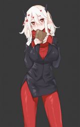 Rule 34 | 1girl, black jacket, black skirt, blush, book, breasts, closed mouth, commentary, demon horns, eyebrows hidden by hair, grey background, hair between eyes, head tilt, heart, heart-shaped pupils, helltaker, highres, holding, holding book, horns, inniyik, jacket, large breasts, long sleeves, looking at viewer, modeus (helltaker), pantyhose, pencil skirt, pointy ears, red eyes, red pantyhose, red sweater, ribbed sweater, simple background, skirt, sleeves past wrists, solo, standing, sweater, symbol-shaped pupils, turtleneck, turtleneck sweater, white hair