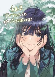 Rule 34 | 1girl, blue eyes, blue hair, blue jacket, blush, close-up, engage kiss, fly (marguerite), green background, hair between eyes, jacket, jewelry, long hair, looking at viewer, necklace, official art, shirt, smile, solo, tagme, white background, white shirt, yuugiri ayano